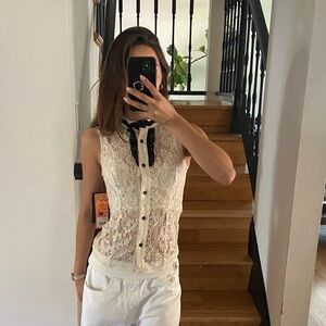 Sleeveless Ivory Lace Button-Front Top with Black Ribbon